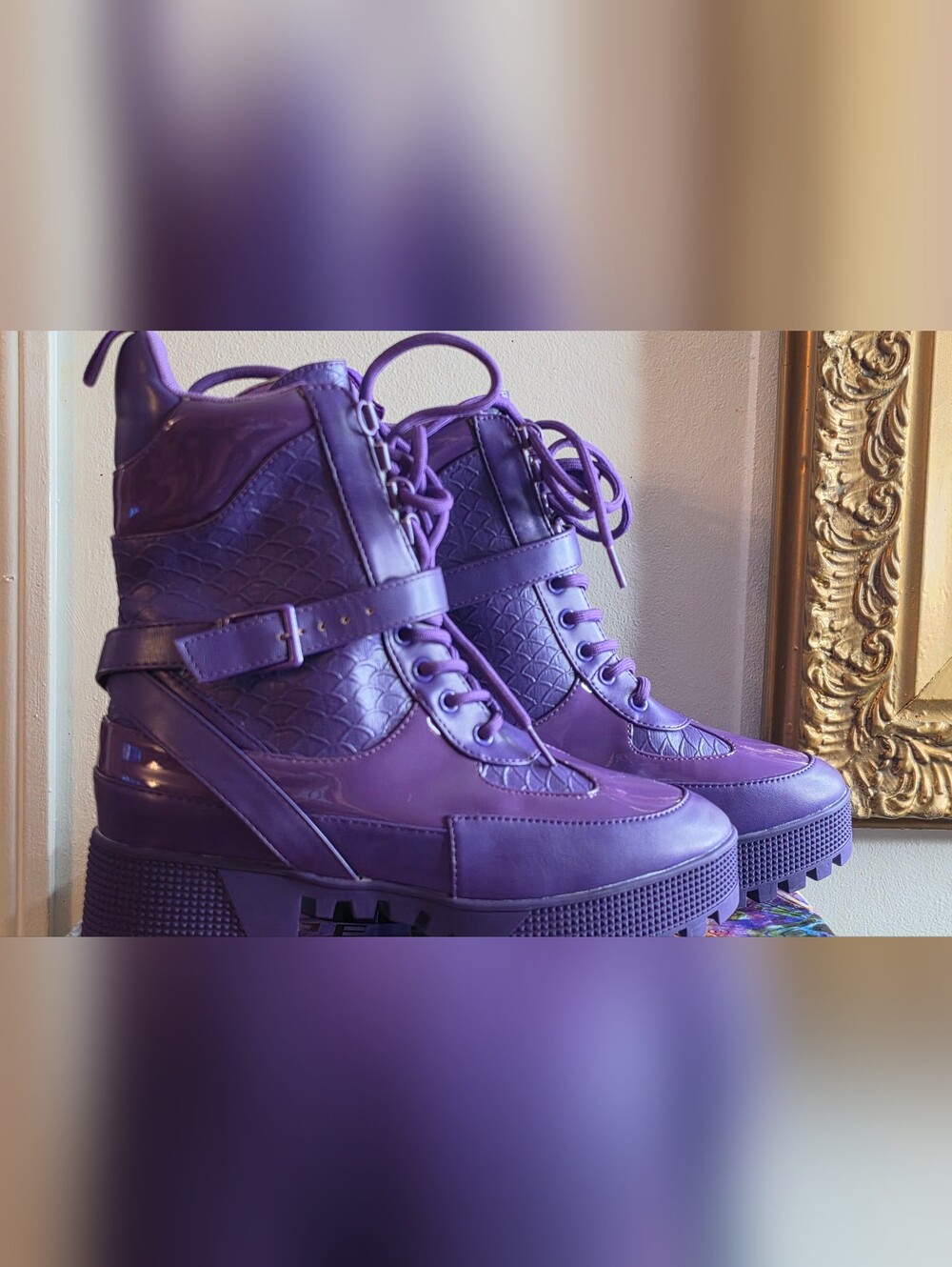 Cape Robbin Glossy Purple Platform Lace-Up Combat Boots - Picture 2 of 7
